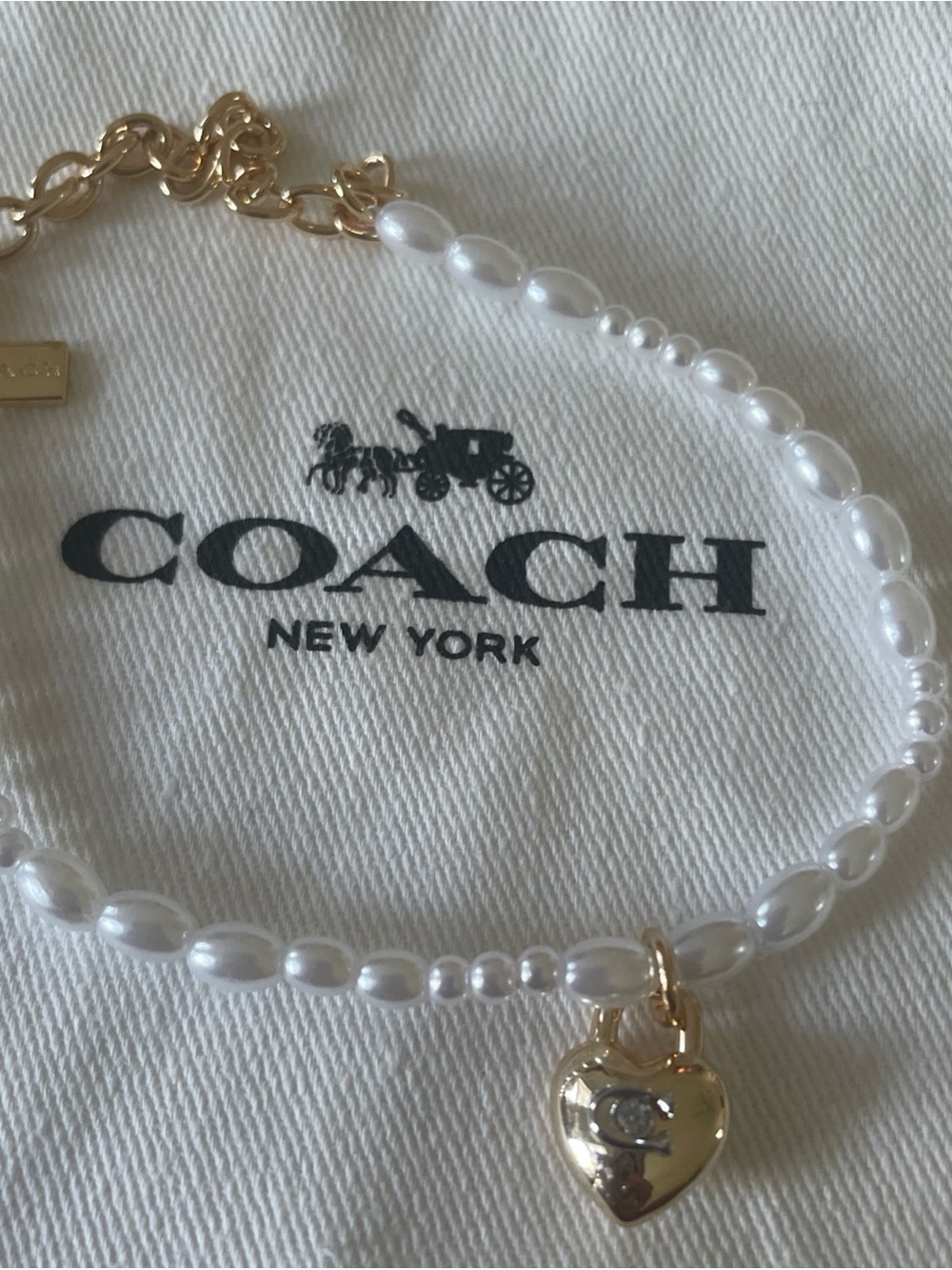 Coach Pearl Necklace with Gold Heart Charm